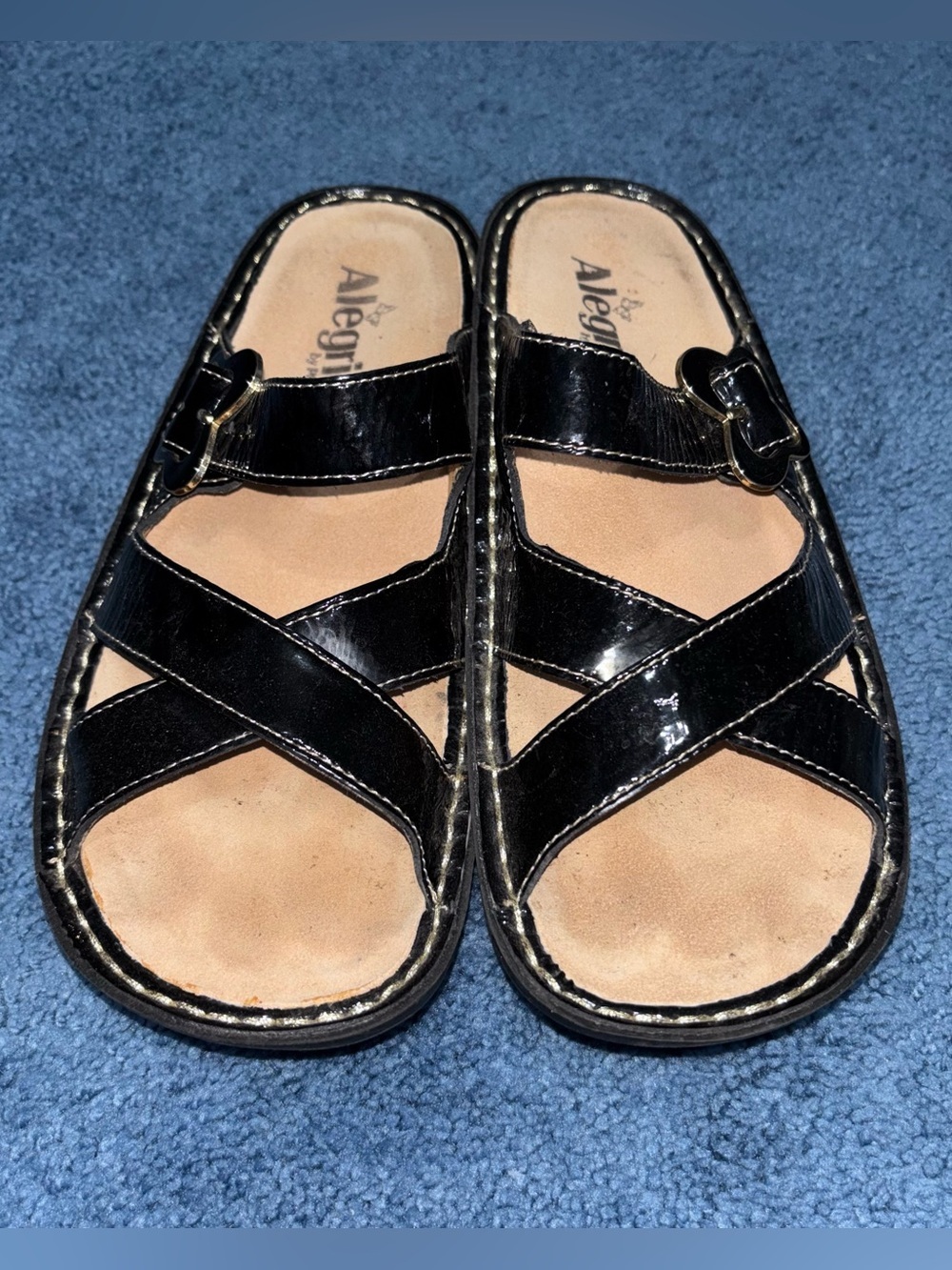 Alegria Black Patent Leather Crisscross Butterfly Slide Sandals